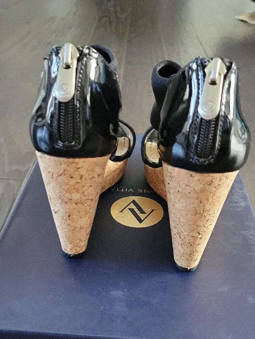 Adrienne Vittadini Black Cork Platform Wedge Sandals